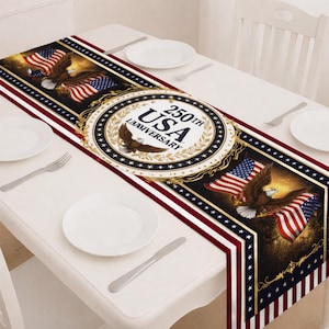 May include: A patriotic table runner featuring the American flag and a bald eagle. The center design reads "250th USA Anniversary" in a circular emblem. The runner has a red, white, and blue color scheme, perfect for a festive occasion.