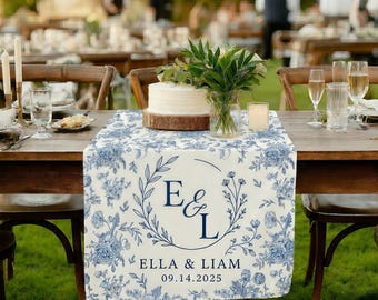 Personalized Chinoiserie Wedding Table Runner Custom Monogram Dusty Blue Floral Reception Decor