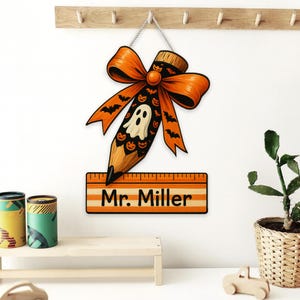 Personalized Halloween Teacher Sign – Wooden Pencil Door Hanger with Ghost & Bats – Custom Name Fall Classroom Decor for Teachers