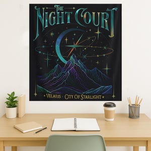 Celestial Mountain Tapestry with Moon and Stars, Mystical Night Sky Wall Hanging, Cosmic Astrology Inspired Wall Decor for Bedroom