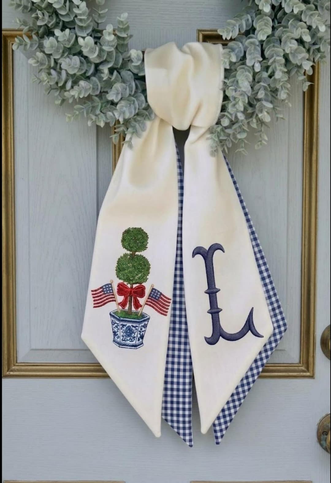 Custom Monogram Wreath Sash Topiary With American Flags Patriotic Front Door Decor