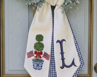 Custom Monogram Wreath Sash Topiary With American Flags Patriotic Front Door Decor