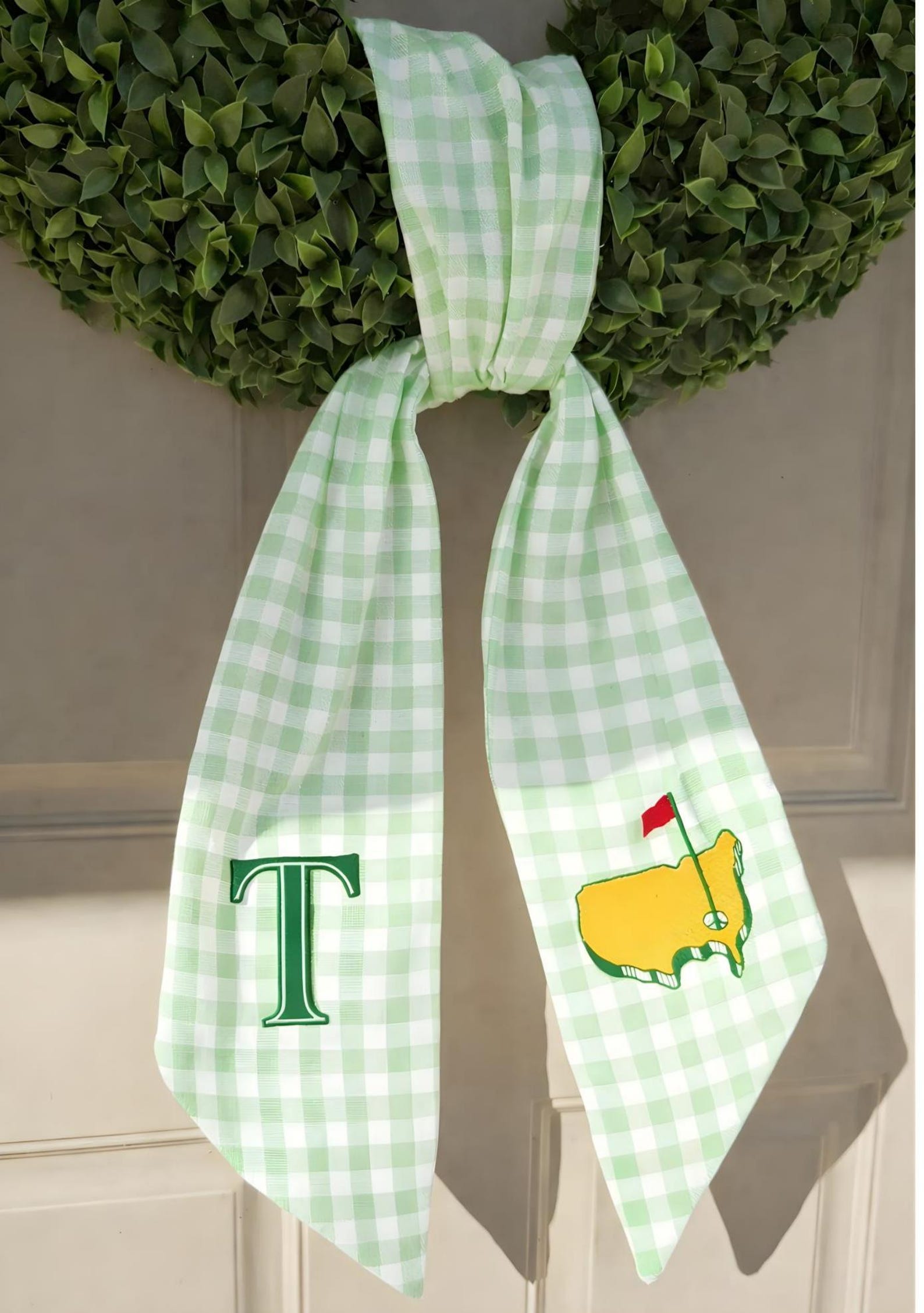 Custom Monogram Golf Wreath Sash Personalised Green Check Front Door Decor - "H"-