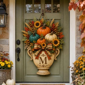 May include: A decorative door hanging featuring a cream-coloured urn with the letter M, filled with orange, teal, and white pumpkins, sunflowers, wheat stalks, and autumn leaves. A plaid ribbon bow is tied at the centre of the arrangement.