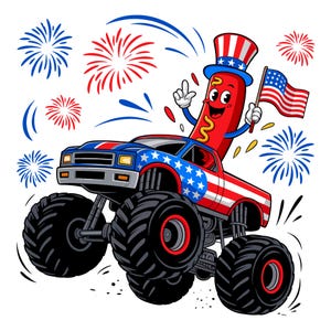 Trasferimento DTF di Hot Dog Monster Truck - Divertente design a sublimazione per il 4 luglio con fuochi d'artificio e bandiera degli Stati Uniti