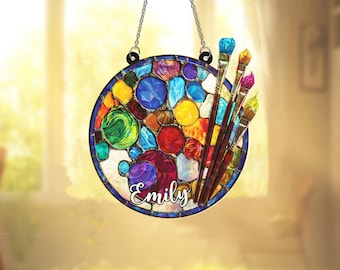 Personalized Artist Palette Stained Glass, Paint Brushes Suncatcher, Custom Art Studio Decor, Creative Painter Gift, Name Window Hanging