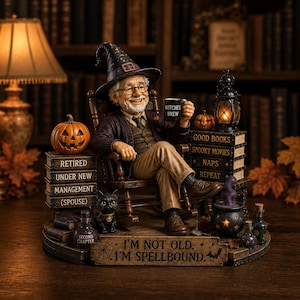 Bloc acrylique humoristique « Magicien retraité » 2026, Décoration d'Halloween pour les amoureux des livres, Cadeau de retraite effrayant, Décoration de bureau sur le thème de la sorcière, Souvenir d'automne chaleureux