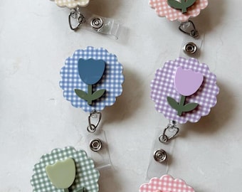 Gingham Tulip Badge Reel Personalized Nurse Id Card Holder Retractable Name Tag