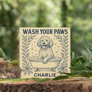 Wash Your Paws&quot; Dog Bathroom Wood Sign – Funny Personalized Pet Decor – Custom Name Rustic Wall Art for Dog Lovers