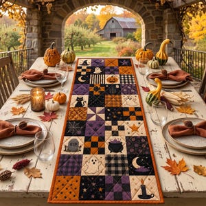 May include: A rectangular quilted table runner featuring a patchwork design with Halloween motifs including ghosts, black cats, pumpkins, cauldrons, and tombstones in a colour palette of orange, purple, black, and cream, centred on a dining table.