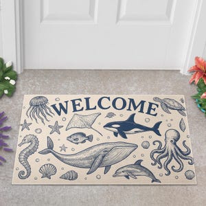 Ocean Welcome Doormat – Sea Life Entry Rug with Whale, Octopus & Dolphin – Nautical Coastal Beach Decor for Front Porch or Entryway