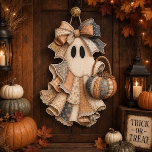 May include: A hanging ghost decoration crafted from quilted fabric patches in muted blue, orange, and cream tones. The ghost features a large fabric bow at the top, two black oval eyes, and carries a small, matching fabric pumpkin by a rope handle.