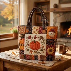 May include: A quilted tote bag featuring a patchwork design with autumn-themed fabric patterns. The center panel displays an embroidered orange pumpkin surrounded by leaves. Additional details include a scarecrow applique and sunflower motif.