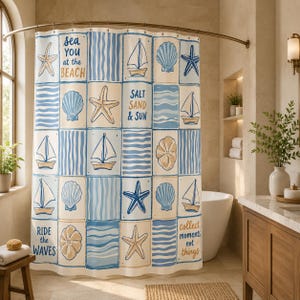 May include: A shower curtain with a nautical theme. It features a patchwork design with blue and white squares, showcasing sailboats, seashells, and starfish. Text includes "Sea You at the Beach", "Salt Sand & Sun", "Ride the Waves", and "Collect moments not things".