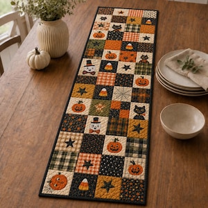 Peut inclure: Un chemin de table matelassé rectangulaire composé d'un patchwork de carrés orange, noirs et verts. Les carrés de tissu présentent des motifs de citrouilles d'Halloween, de chats noirs, d'étoiles, de bonbons, de toiles d'araignée et de carreaux.