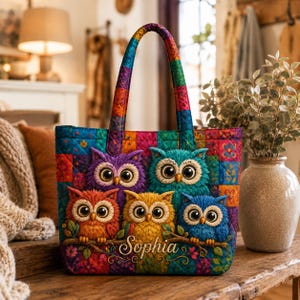 May include: A quilted tote bag featuring a colorful patchwork pattern and five textured owls perched on a branch. The owls are purple, teal, orange, yellow, and blue. The name Sophia is written in white cursive script across the branch.