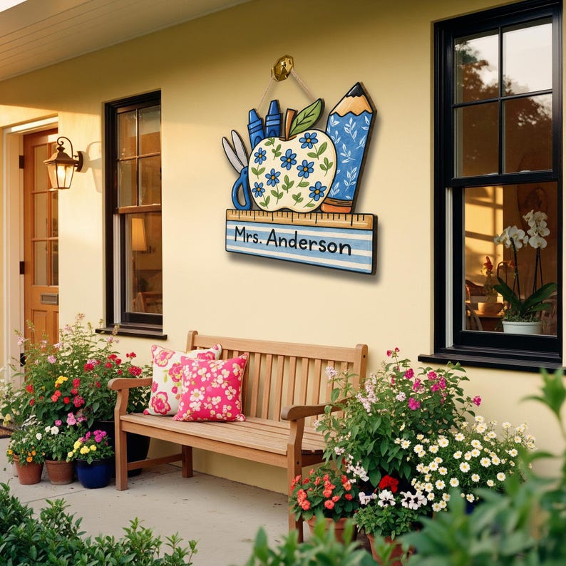May include: A wooden teacher's sign with an apple, pencil, scissors, and crayons design. The sign is painted with blue and white stripes and features the name "Mrs. Anderson". The sign is hanging on a beige wall near a wooden bench and flower pots.