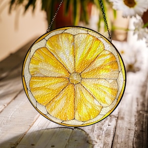 Orange Slice Suncatcher Stained Glass Style - Vibrant Citrus Window Hanging Art for Kitchen, Lemon Stained Glass Style Suncatcher