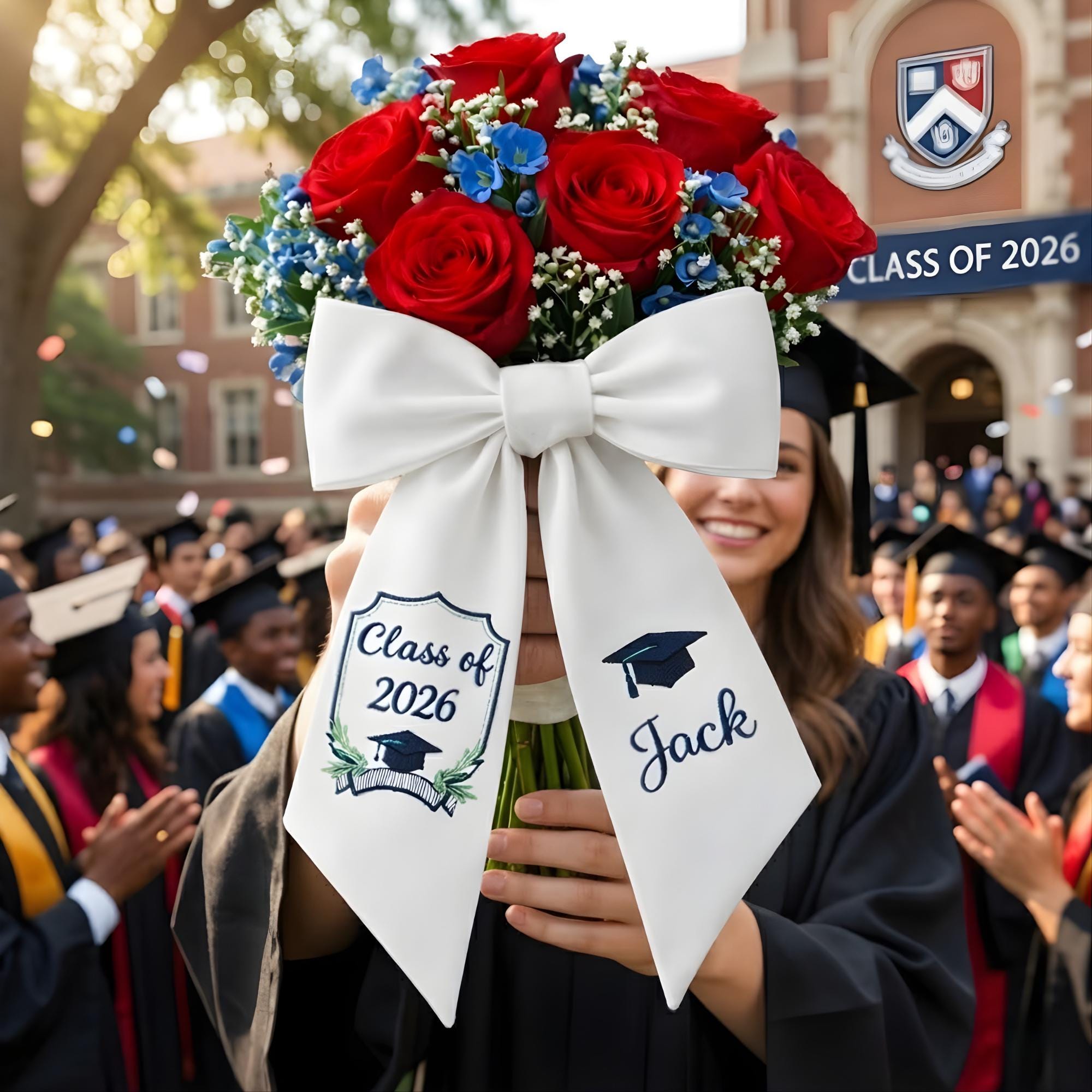 Graduation Ribbon Formation Custom Embroidered Graduation Ribbon Bow for Flower Bouquet Senior 2026 ...