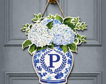 Personalized Hydrangea Ginger Jar Door Hanger Chinoiserie Blue And White Front Porch Sign