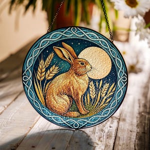 Harvest Moon Hare in Wheat Field Suncatcher – Celtic Rabbit Glass Hanging, Autumn Moon Bunny Decor, Pagan Wiccan Witchy Altar Ornament