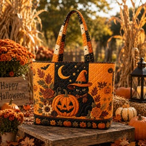 Può includere: Una borsa tote trapuntata con un gatto nero che indossa un cappello da strega arancione, una zucca, foglie autunnali e una luna crescente. I manici presentano un motivo a scacchi arancione e nero e il bordo ha piccole zucche.