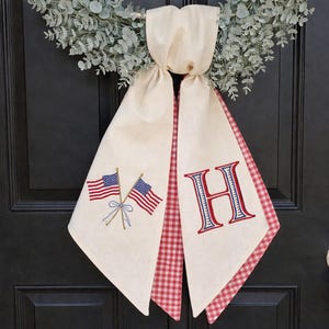 Embroidered American Flag Wreath Sash, Personalized Monogram Patriotic Door Decor, Red Gingham Ribbon