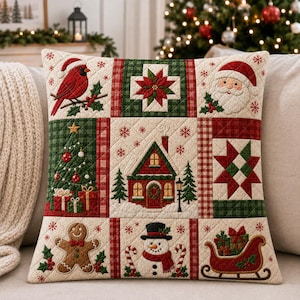 May include: A square quilted throw pillow featuring a patchwork design with Christmas motifs including a red cardinal, a poinsettia, Santa Claus, a decorated tree, a house in the snow, a star pattern, a gingerbread man, a snowman, and a sleigh.