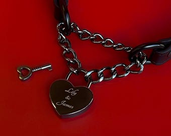 Gepersonaliseerde leren choker met hartslot en sleutel | Op maat gegraveerde hangslotketting, lederen kraag, cadeau voor koppels