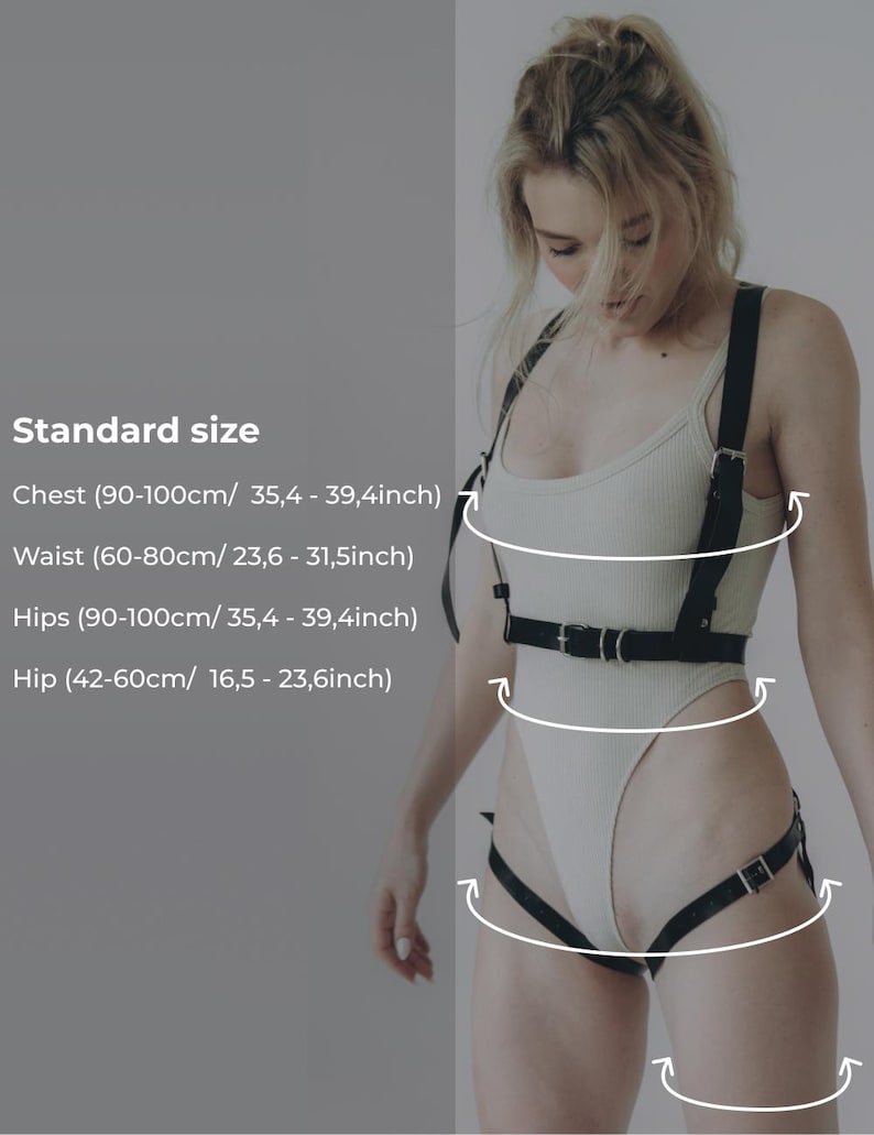 May include: Black harness with adjustable buckles. The image shows the chest, waist, hips, and hip measurements in centimeters and inches. The text reads "Standard size" and includes measurements for chest, waist, hips, and hip.
