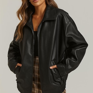 Oversized Sheepskin Leather Bomber Jacket: Vintage Moto Style
