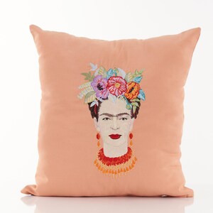 Federa per cuscino ricamata Frida Kahlo – Cuscino Boho rosa salmone 18 x 18 pollici – Federa decorativa fatta a mano