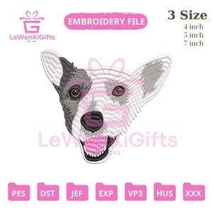 Borduurontwerp lachende hond – Happy Dog Face machineborduurbestand – Cute Pet Stitch digitale download – 3 maten hondenliefhebber cadeau