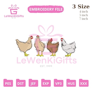 Chicken Embroidery Design - 4 Farm Chickens Machine Embroidery File - Country Hen Stitch Pattern - Rustic Digital Download 3 Sizes