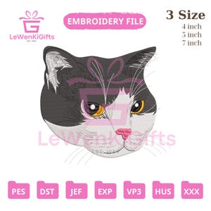 Cat Face Embroidery Design - Black and White Kitty Machine Embroidery File - Pet Portrait Stitch Pattern - Digital Download 3 Sizes