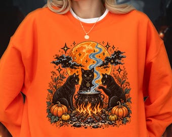 Witches Cat Coven Sweatshirt, Vintage Halloween Goth Hoodie, Spooky Pumpkin Top, Mystical Black Cat Sweater, Jack o Lantern Gift