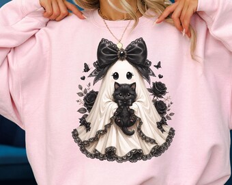 Black Cat and Lace Pattern Ghost Sweatshirt, Cat Lower Halloween Hoodie, Gothic Halloween Sweater, Spooky Season Cat Top