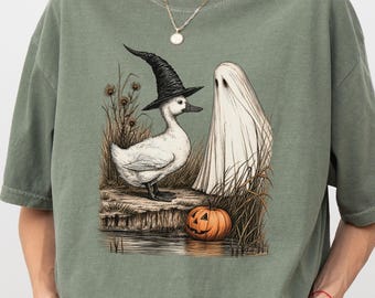 Witch Duck Ghost Shirt, Spooky Cute Halloween T-Shirt, Vintage Cottagecore Duck Tee, Fall Gift