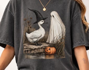 Comfort Colors® Witch Duck Ghost Shirt, Spooky Cute Halloween T-Shirt, Vintage Cottagecore Duck Gift