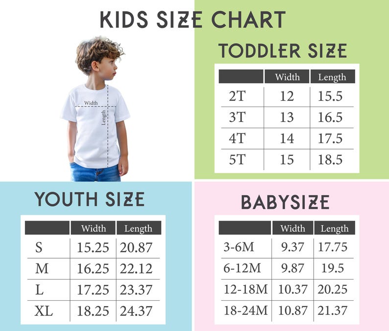May include: A kids size chart featuring a white t-shirt with width and length labels, alongside three tables for toddler, youth, and baby sizes. The tables list specific width and length measurements in inches for various sizes from 2T to 5T, S to XL, and 3-6M to 18-24M.