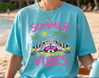 Comfort Colors Summer Vibes Raccoon Shirt, Cool Animal Beach Graphic Tee, Trash Panda Gift, Beach Vacation T-shirt, Summer Shirt for Women