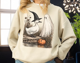 Witch Duck Ghost Sweatshirt, Spooky Cute Halloween Hoodie, Vintage Cottagecore Duck Sweater, Fall Gift