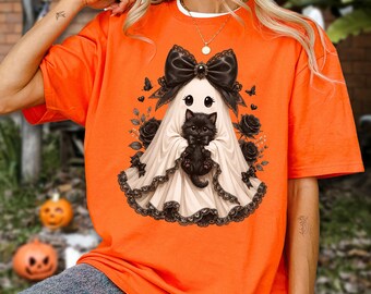 Black Cat and Lace Pattern Ghost Shirt, Cat Lower Halloween Gifts, Gothic Halloween T-Shirt, Spooky Season Cat Tee