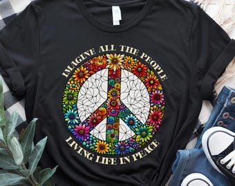 Imagine Peace Sign Flower Shirt, Retro Hippie Boho Tee, Anti War T-Shirt