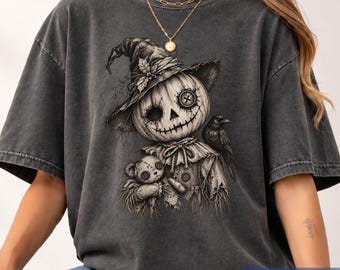 Comfort Colors® Scarecrow Halloween Shirt, Creepy Pumpkin Tee, Gothic Fall Graphic Top, Spooky Season Gift, Vintage Crow T-Shirt