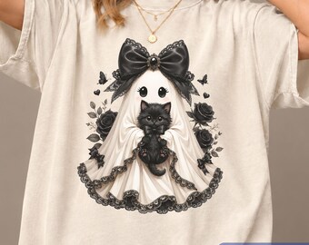 Comfort Colors Black Cat Ghost Shirt, Gothic Halloween Gift, Cat Lower Halloween Gift, Spooky Season Cat Shirt