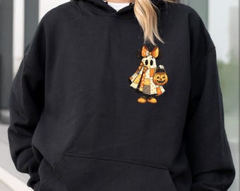 Halloween Ghost Mouse Sweatshirt, Cute Fall Graphic Top, Pumpkin Trick Or Treat Hoodie, Cozy Autumn Outfit Tops, Spooky Season Sweater
