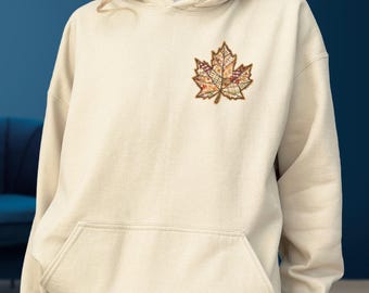 Fall Leaf Retro Patch Sweatshirt and Hoodie, Autumn Plaid Maple Leaf Sweater, Cute Thanksgiving Top, Cozy Fall Aesthetic Sweat
