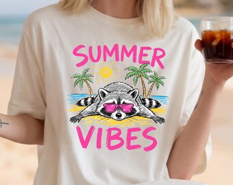Summer Vibes Raccoon Shirt, Trash Panda Gift, Beach Vacation Shirts, Sunshine for Women T-shirt,  Holiday Tees