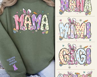 Mama Easter Bunny Sleeve Name Hoodie and Sweatshirt, Personalized Mom Easter Sweat With Kids Names On Sleeve, Easter Gift For Mom